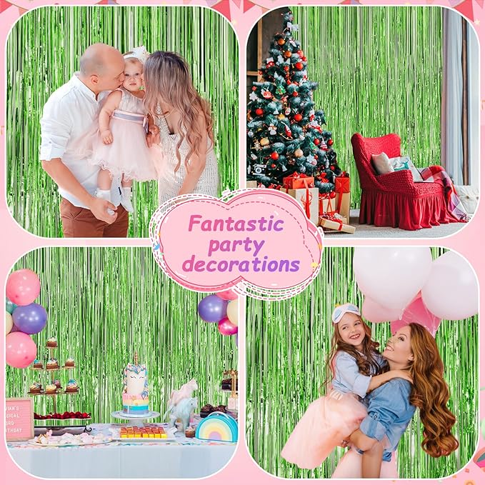 Light Green Metallic Tinsel Foil Fringe Curtains Backdrop 2Pack 3.3x8.3Ft Green Party Streamers for Birthday Party Decorations Halloween Christmas Decors Foil Curtain Backdrop for Bachelorette Wedding