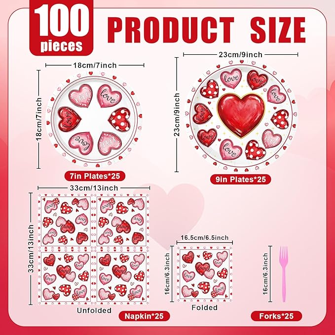 96 Pieces Valentine’s Day Tableware Set – Pink Red White Disposable Plates, Napkins, and Forks with Heart Designs for Valentine’s Parties, Weddings, and Romantic Celebrations – Serves 24 Guests