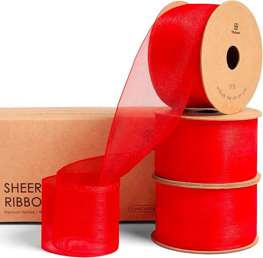 Vitalizart Red Organza Ribbon 1.5" x 30 Yd Sheer Ribbons for Christmas Decor Gift Wrapping Crafts Bows Wedding Invitations Wreaths Bouquet