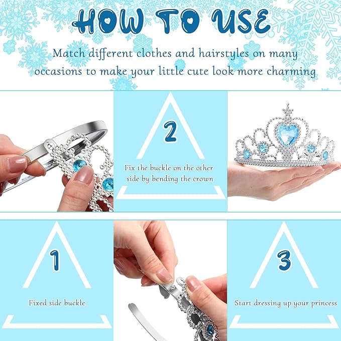 Chalyna 12 Pcs Princess Crowns Tiara Wand for Little Girl Silver Heart Jewel Plastic Tiara Winter Gift for Birthday(Blue,Heart Style)