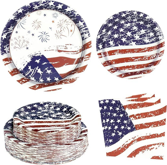 180PCS 4th of July Party Supplies – Patriotic American Flag Paper Plates and Napkins Set, Independence Day Disposable Tableware for BBQ, Picnic, Memorial Day & Veterans Day