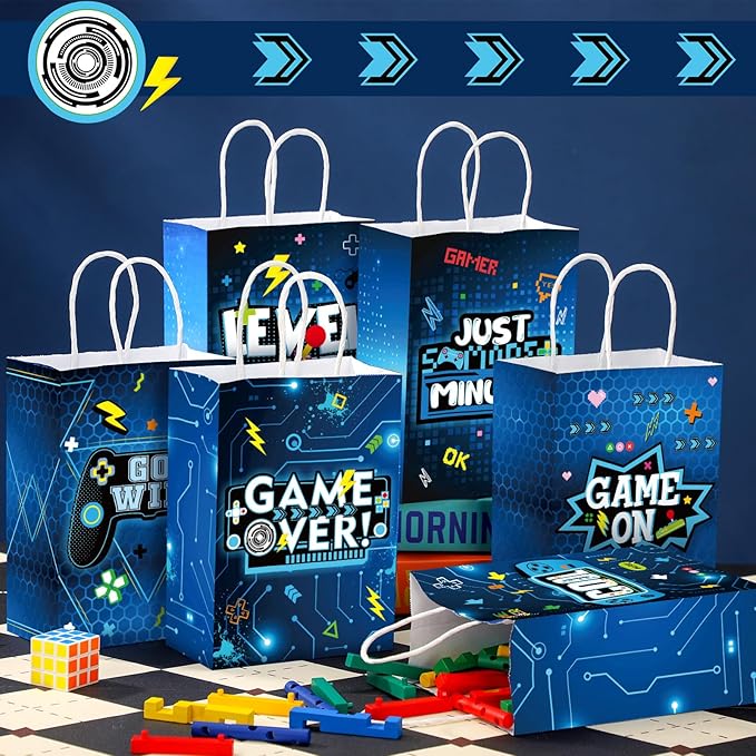 Yeaqee 24 Pcs Video Game Gift Bags Game Party Favor Goodie Candy Treat Gift Bags with Handle Gaming Paper Wrapping Bag for Kids Boys Birthday Party Supplies Gaming Themed Birthday Decoration