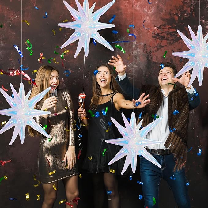 TONIFUL 4 Pcs 22inch 4D Iridescent Explosion Star Mylar Balloons 14Point Star Balloons for Party Decorations Backdrop Christmas New Year Birthday Wedding Baby Shower Anniversary Photo Booth Supplies