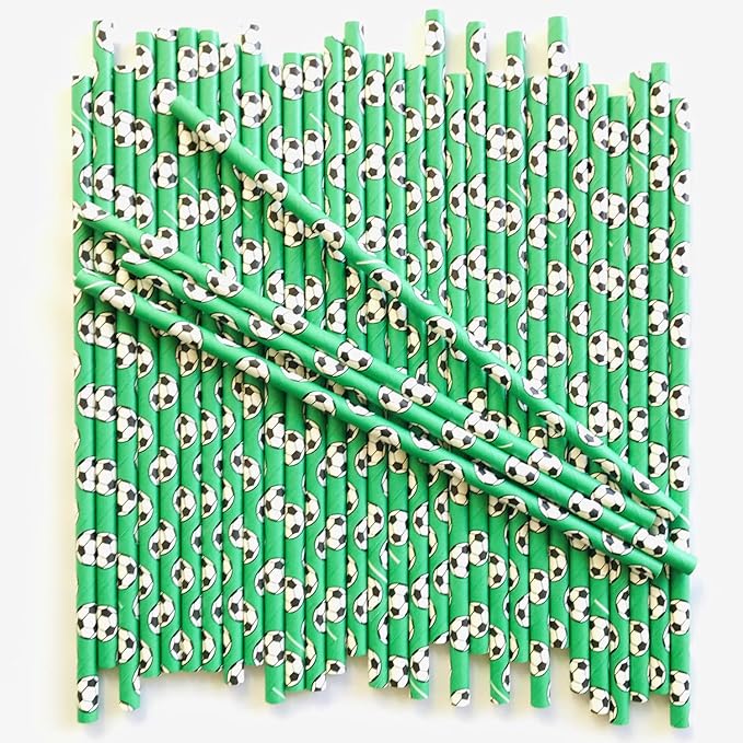 100 pcs Sports Party Paper Straws, Green Black White Soccer Football Bar Soda Juice Drinking Straws, Kids Boy Birthday Baby Shower Game Day World Cup Ball Cake Pop Sticks (Green With Soccer)