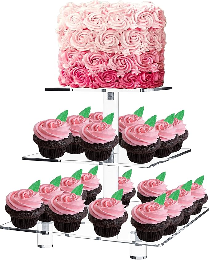 Jusalpha® 3 Tier Strong Acrylic Square Cupcake Stand, Dessert Display Tower (Clear, 1)