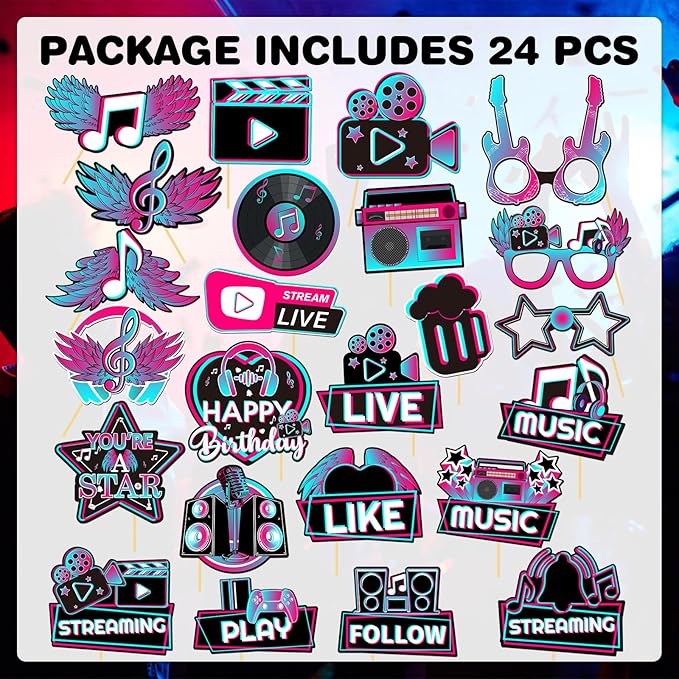 24 Piece Music Photo Booth Props, Disco Musical Theme Short Video Party Supplies,Music in My Era Party with Stick Props Kit Happy Birthday Table Toppers Sign Decorations