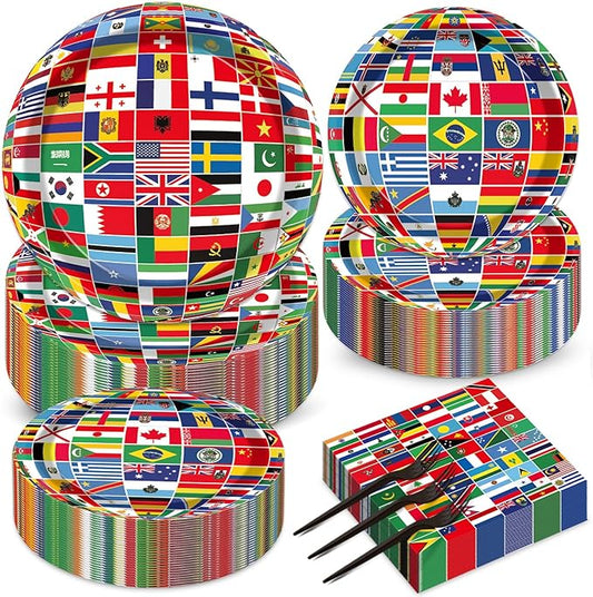 50 Guests International World Flags Party Supplies Decor Around The World Plates and Napkins Forks Travel Trip International Flags Tableware Country Paper Plates for Birthday Baby Shower Party 200PCS