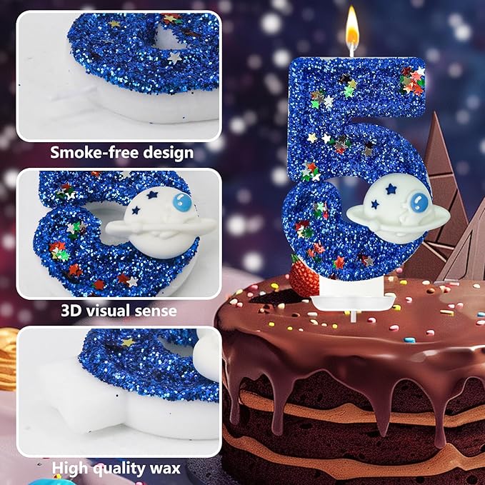 HXOUSE Spaceship Number 5 Birthday Candles - Outer Space Universe Birthday Candles for Cake, 5 Candle Topper for Anniversary Celebrations, Astronaut Rocket Party Decorations for Boys
