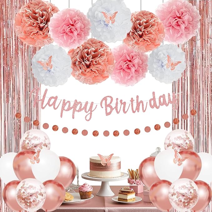 Pink Rose Gold Birthday Party Decorations Set, Rose Gold Glittery Happy Birthday banner, Curtains, Butterfly Wall，Tissue Paper Pom, Circle Dots Garland for Women's Party Decorations