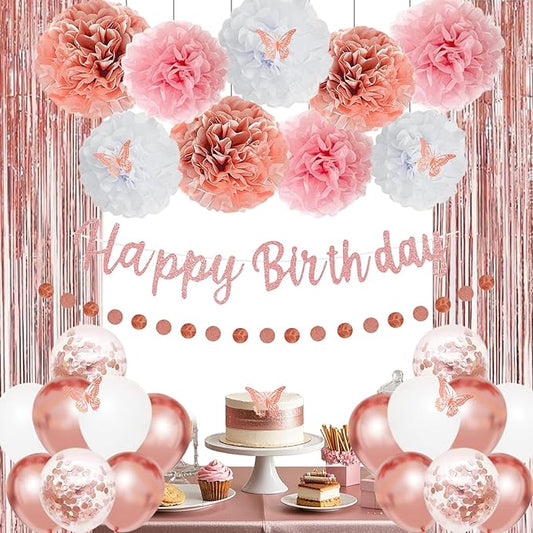 Pink Rose Gold Birthday Party Decorations Set, Rose Gold Glittery Happy Birthday banner, Curtains, Butterfly Wall，Tissue Paper Pom, Circle Dots Garland for Women's Party Decorations