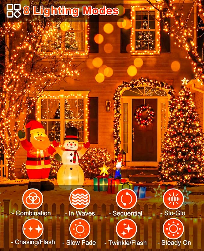 40FT 120 LED Christmas Lights Outdoor, Orange Christmas String Lights Waterproof, 8 Modes Connectable Christmas Tree Lights for Indoor Bedroom Xmas Tree Garden Holiday Decorations