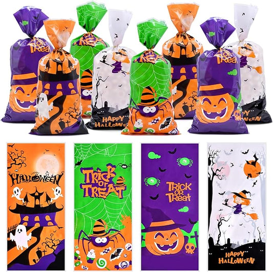 Pedenty 160 Pcs Halloween Cellophane Treat Bags – Trick-or-Treat Candy Goodie Bags with Pumpkin, Ghost, Witch, and Spider Designs – Cellophane Gift Bags with Twist Ties for Halloween Party