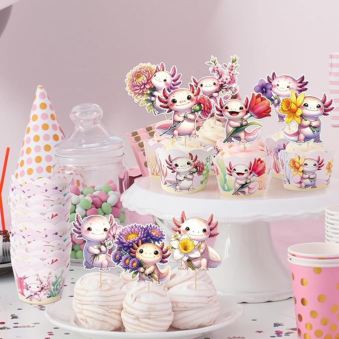 Pink Axolotl Birthday Decorations -48 Pcs Cute Cartoon Animal Axolotl Theme Cupcake Toppers Wrappers Set, Happy Birthday Party Baby Shower Supplies Photo Background Table Decor for Girls Kids