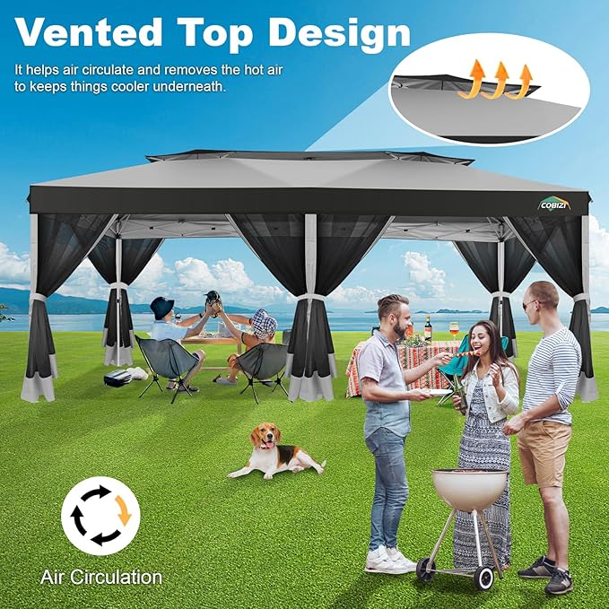 COBIZI 10x20 Pop up Gazebo, One-Push Setup Canopy Tent with Mosquito Netting & Vented Roof Design, Upgrade Metal Easy up Canopy Carpa Outdoor Gazebos for Backyard Camping Deck Party(Light Gray & Gray)