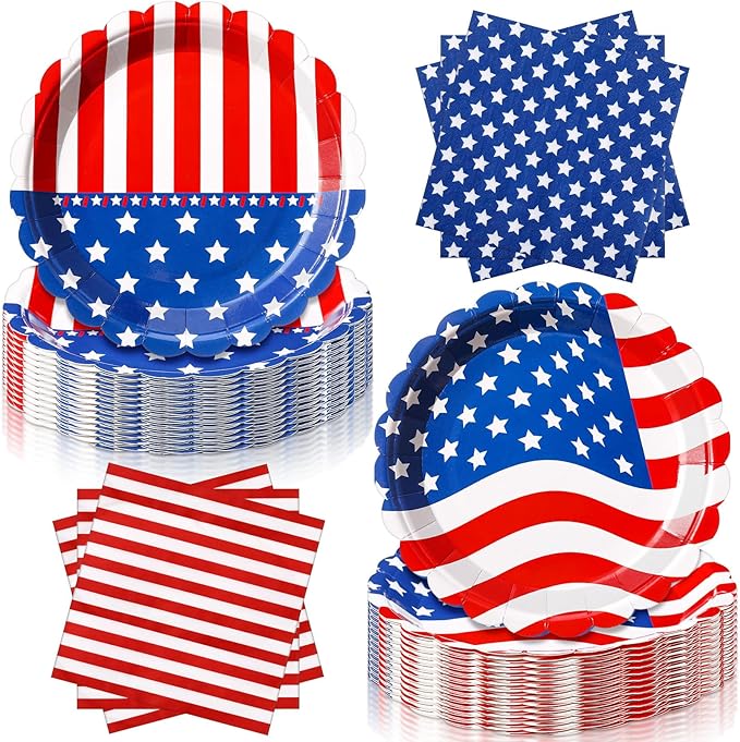 Funnymoom 96 Pcs Memorial Day Tableware Set for 48 Guests Include 48 Pcs 7 Inch Dessert Plates and 48 Napkins Patriotic American Star Flag Dinnerware for 250th Anniversary Independence Day Party