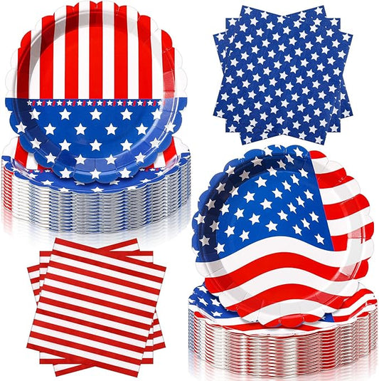 Funnymoom 96 Pcs Memorial Day Tableware Set for 48 Guests Include 48 Pcs 7 Inch Dessert Plates and 48 Napkins Patriotic American Star Flag Dinnerware for 250th Anniversary Independence Day Party