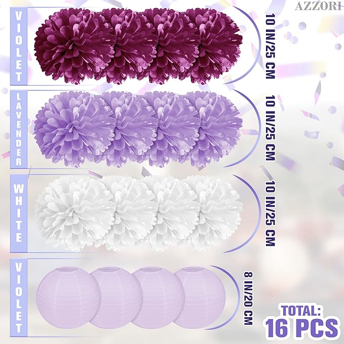 16 Pcs Purple Tissue Paper Pom Poms Set – Purple Decorations for Party with Pom Poms, Flowers & Lanterns – Elegant Reusable Decor with Soft Lavender Tones for Weddings, Events & Party Decorations
