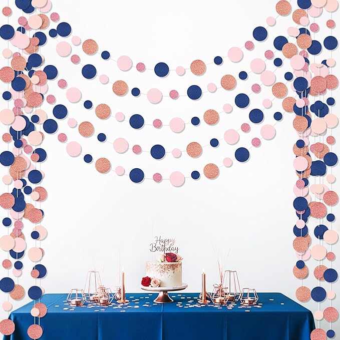 Outus 5 Pieces Blue,Pink,Rose Gold Round Dots Garland Graduation Party Hanging Decor Each Length 13.1ft Glitter Paper Dot Streamers for Birthday Wedding Classroom Supplies