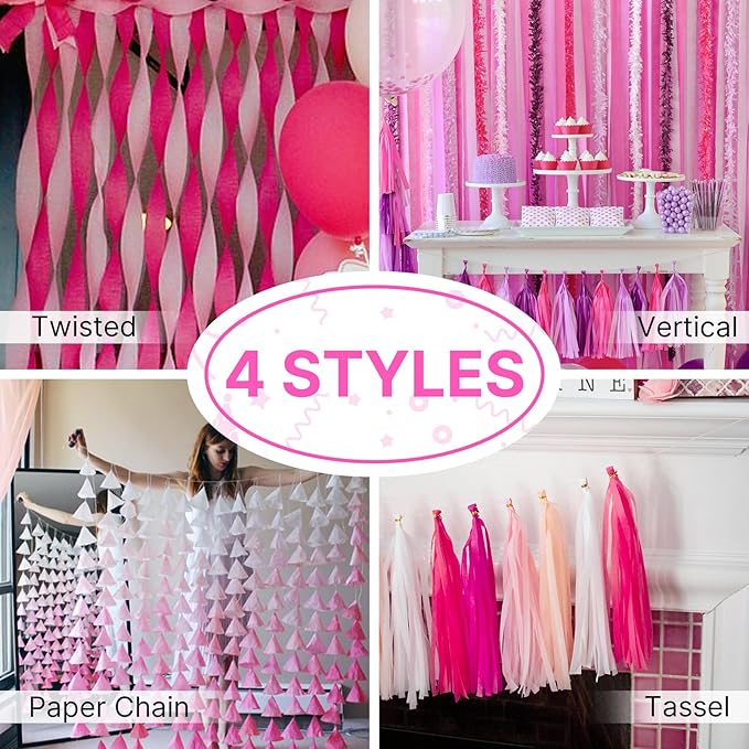 PartyWoo Light Pink Crepe Paper Streamers 8pcs 656 ft Pack of Pastel Hot Baby Pink Crepe Paper Sheets for Birthday Gender Reveal Baby Shower Graduation Wedding Bachelorette Party Decorations
