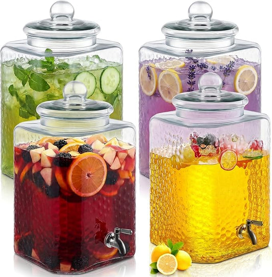 4 Pack 5 Gallon Glass Water Drink Dispenser for Party, Hammered Glass Beverage Dispenser, Jug Container with Stainless Steel Spigot for Parties, Weddings, Catering, Lemonade, Iced Tea