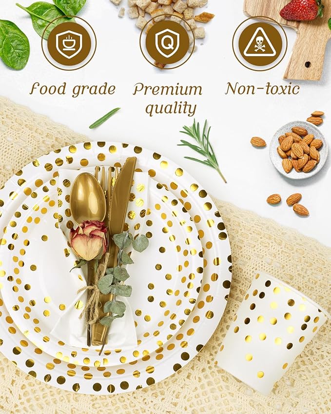 350 Pieces Party Supplies, White and Gold Dots Party Plates Cups and Napkins Sets with Plastic Knives forks spoons, Disposable Tableware Serves 50 Sets for Wedding, Birthday, Graduation, Festivals