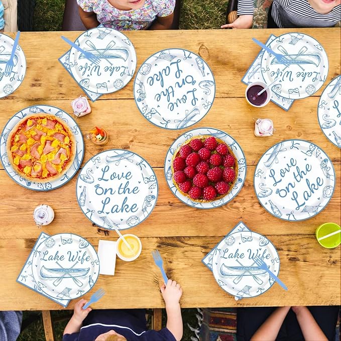 96Pcs Love on The Lake Decor Blue Engagement Party Plates and Napkins Disposable Love on the Lake Themed Tableware for Girls Bridal Shower Bach Engagement Wedding Bachelorette Party Supplies Serves 24