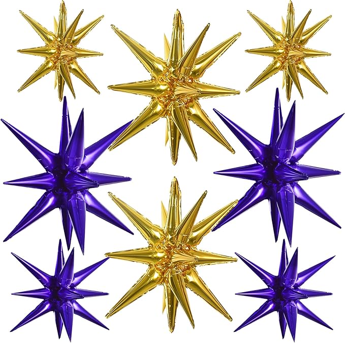 TONIFUL 8 Pcs Purple Gold Foil Balloons Large Star Balloons Explosion Star Mylar Balloons for Party Backdrop Christmas New Year Birthday Wedding Baby Shower Graduation Anniversary Photo Booth Supplies