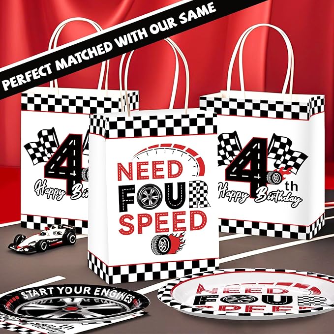 Grencian 16Pcs Need Four Speed Birthday Party Favor Bags Race Car Theme 4th Candy Treat Gift Goodie Bags with Handles Racing Car 4th Birthday Decorations for Kids Boys 4 Year Old Party Favors Supplies