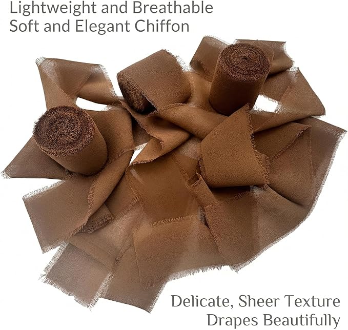 Handmade Chiffon Ribbon 1.5 Inch Wide, 3 Rolls 21 Yards, Earth Tone Frayed Edge Ribbon for Wedding Details, Floral Bouquets, Invitations & Craft Decor (Brown)