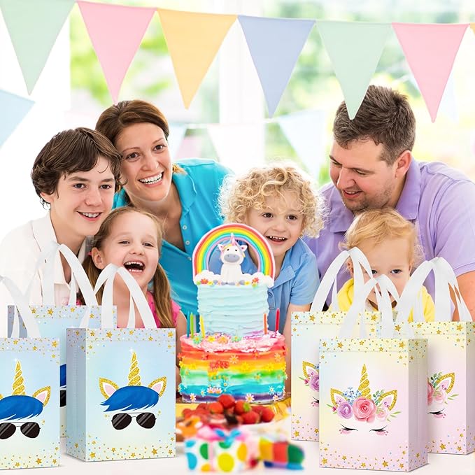 Locmeo 24 Pcs Unicorn Party Favor Bags with Handles - Reusable Non Woven Goodie Bags in Pink & Blue - Candy Treat Gift Bags for Girl & Boy Birthday Parties, 8 x 4 x 10 Inch