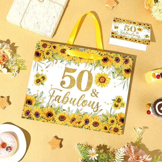 50th Birthday Gift Bag for Women Sunflower 50 and Fabulous 50th Birthday Bag with Wrapping Paper and Card Sunflower 1976 Birthday Gift Wrap Paper Bags for Mom 50 Years Old Bday Anniversary Supplies
