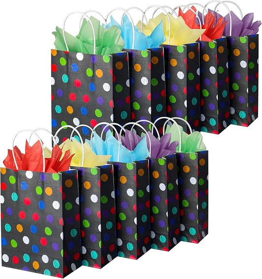 BLEWINDZ 32Pcs Small Gift Bags with Tissue - Polka Dot Black Party Gift Bags with Handles, Colorful Rainbow Paper Goodie Bag for Party Favors, Kids Birthday