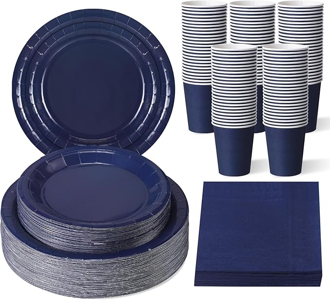 Tioncy 200 Pcs Navy Blue Disposable Paper Plates Cups and Napkins, Graduation Party Supplies Serve 50 Guests Disposable Paper Dinnerware Set for Birthday Wedding Baby Shower Family Picnic