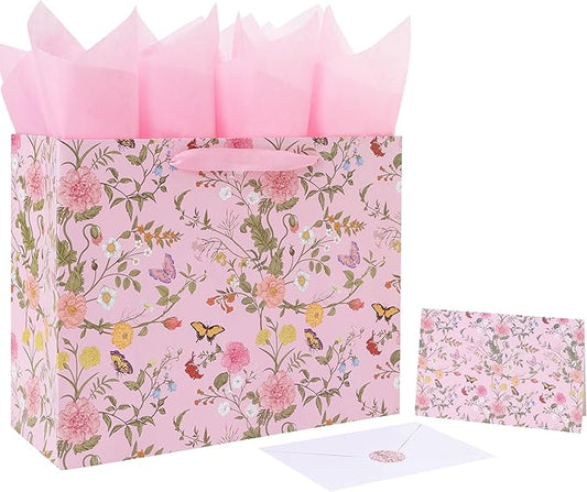 13'' Large Flowers Gift Bag Set with Handles, Greeting Card, Purple Tissue Papers and Stickers for Girls Women Kids Teens for Birthday Party, Mother's Day, Weddings, Anniversaries, Floral Design, 1 Pcs