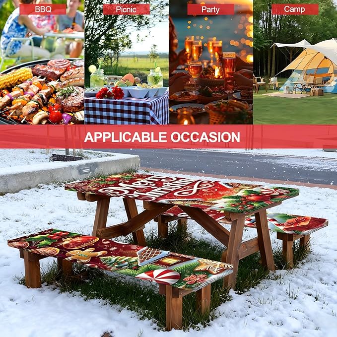 Picnic Table Cover with Bench Covers Set of 3, Elastic Fitted Tablecloth for 6 Foot Tables, Washable Polyester Tablecloths for Camping, Indoor & Outdoor