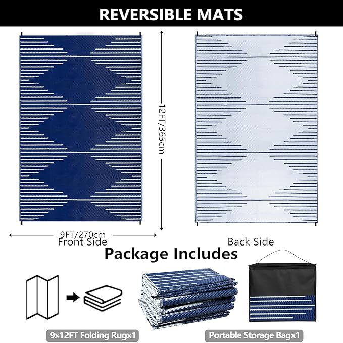 Falflor Waterproof Outdoor Rug 9x12 Reversible Plastic Straw Rug Patio Rug Large Outdoor Mat Outdoor Patio Rug for RV Camping Backyard Deck Picnic Balcony Beach