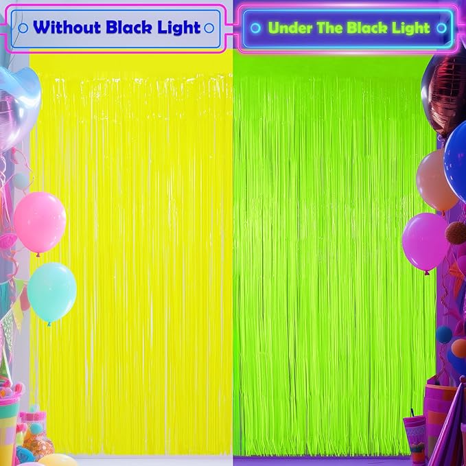 Glow in The Dark Party Supplies,3 Pack Neon Party Decorations,9.9 X 6.6 ft Fluorescent Tinsel Foil Fringe Curtains Macaron Yellow,Photo Booth Prop Backdrop Streamer for Birthday Party Streamer Decor