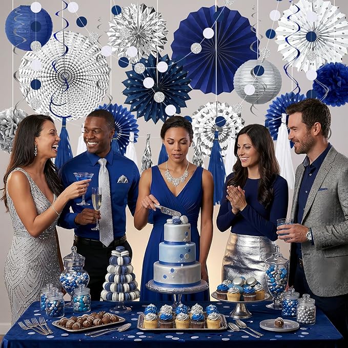 MEIDUO 34 Pcs Blue and Silver Party Decorations, Hanging Paper Lanterns Fans Pom Poms Set, Blue Streamers, 2026 Graduation Party Decorations Supplies, Birthday Decorations for Men Boys