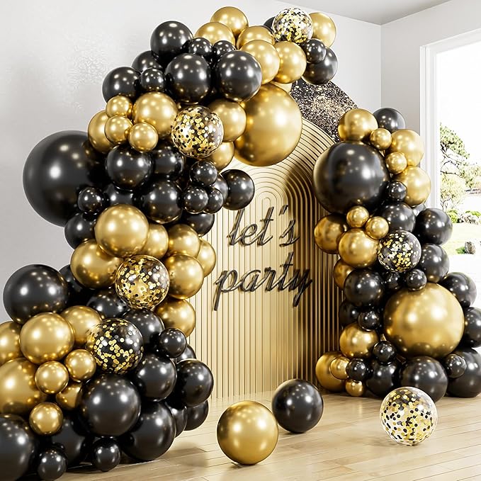 Black and Gold Balloons Arch Garland Kit, 129 Pcs 18/12/10/5 In Black Gold and Confetti Balloon, Graduation Balloons Arch kit for Graduation 2026 Decorations,Birthday, Retirement, Anniversary
