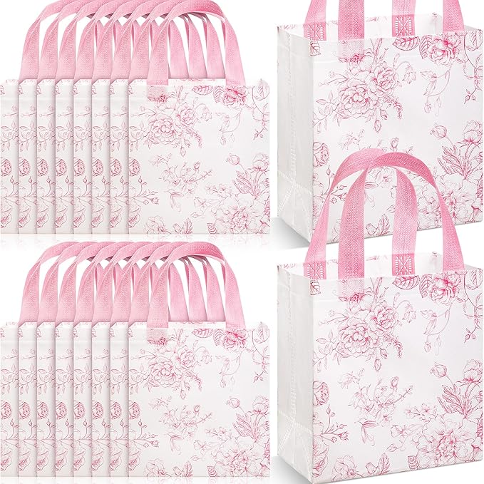 Sweetude 16 Pcs Pink Floral Gift Bags with Handles, Reusable Non-woven Tote Bags, Pastel Spring Flower Party Favors for Graduation, Wedding, Baby Shower, Bridal Shower, Birthday