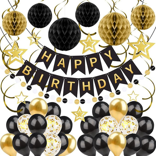 ZERODECO Black Gold Birthday Decorations, Easy to Assemble Happy Birthday Banner with Honeycomb Ball, Balloon, Hanging Swirl Streamer, Garland, Party Decorations for Women Men