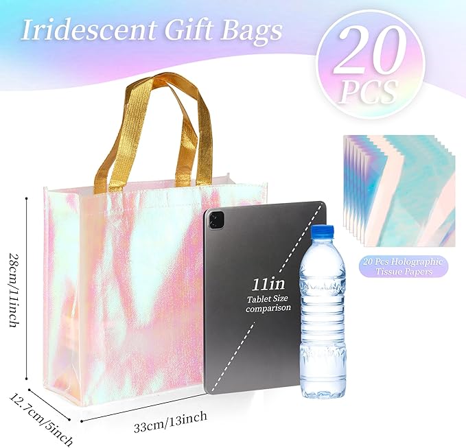 20 Pack Iridescent Gift Bags, Holographic Reusable Iridescent Party Favor Gift Bags With Handles And Tissue Paper, 13 x 5 x 11 Inch Large Size Pink Bridesmaid Tote Bags, For Wedding Birthday Holiday