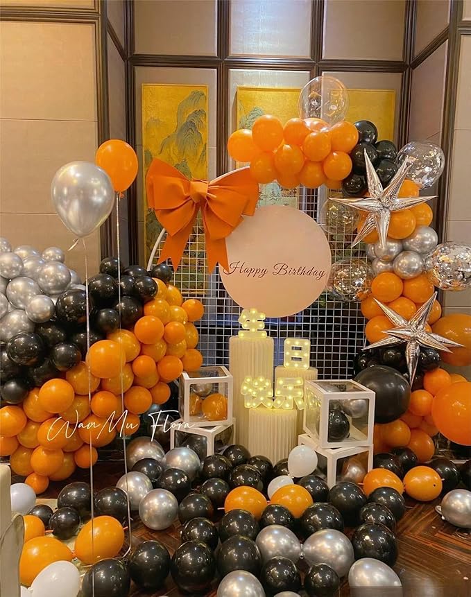 MEBAY Orange Black White and Metallic Silver Balloons Garland Arch Kit, 146 Pcs Latex Balloons with Confetti for Birthday Party Graduation Father's Day Anniversary Bachelorette Party Decoration