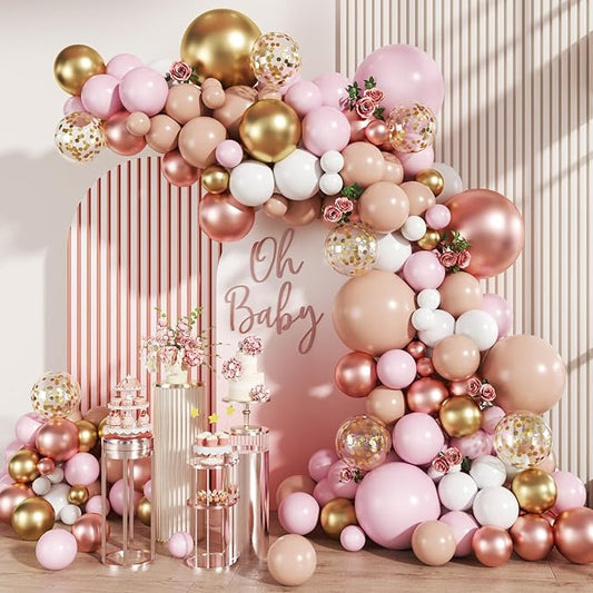 MEBAY Rose Gold Balloon Arch Kit, 147Pcs Metallic Gold White Pastel Nude Pink and Rose Gold Balloons Garland with Confetti for Wedding Bridal Baby Shower Princess Girl Birthday Party Decorations