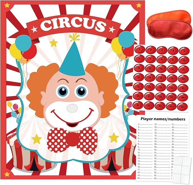 PARTYLOUD Pin The Nose on The Clown, Circus Party Games, Carnival Themed Party Games Toddlers Preschool Party Supplies Favors for Boys Girls Adults 35 Guests