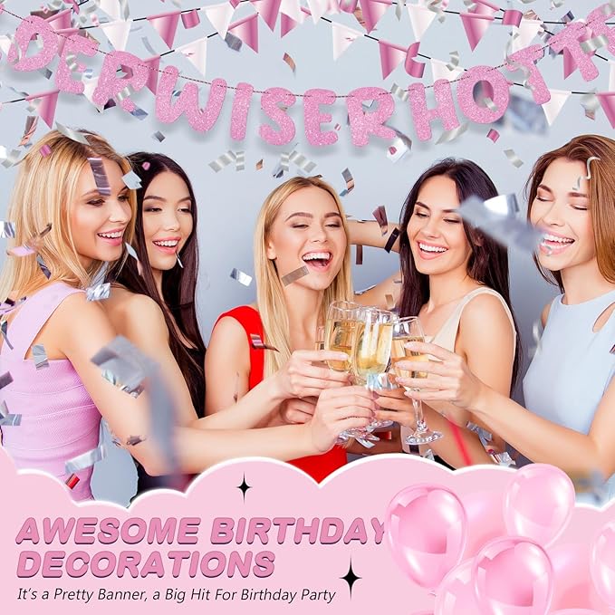 Fulmoon Set of 3 Pre Strung Older Wiser Hotter Glitter Banner Funny Birthday Banner for Women 30th 40th 50th 60th 70th 80th Birthday Party Decorations Sign Gift(Pink)
