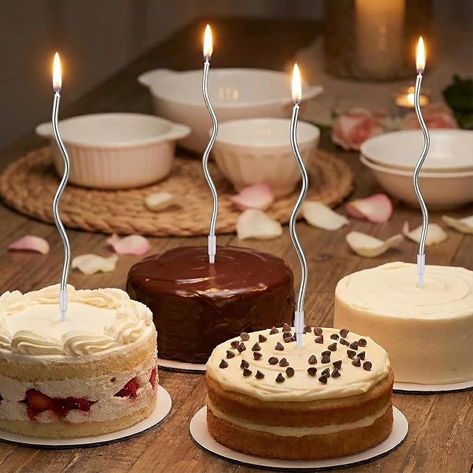 12-Count Spiral Birthday Candles, Long Twisty Party Silver Candles with Candle Holders, Long Burning for Weddings, Birthdays, Party Decorations, Cupcakes, Anniversary and Meetups (Silver)