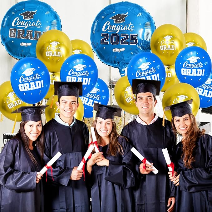 2025 Graduation Balloons Set - Blue & Gold 18" Foil & 12" Latex with Ribbons for Decorations | Grad Party Supplies | Class of 2025 | Biodegradable & Reusable | Graduation Decorations 2025