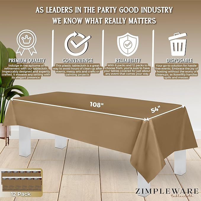 ZIMPLEWARE Premium Gold Plastic Table Cloth Disposable (12 Pk) Plastic Tablecloths for Rectangle Tables (54in x 108in) Party Table Cloths Disposable for 6ft to 8ft Rectangle Tables