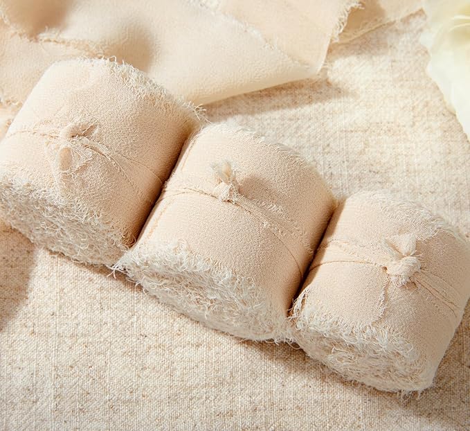 Fall Ribbon, 3 Rolls Light Nude Handmade Fringe Chiffon Silk Ribbon for Flower Bouquet, 1 1/2 inch x 7Yd Ribbons for Gift Wrapping, Wedding, Flower Wrapping, Bouquet Wrap, DIY Crafts